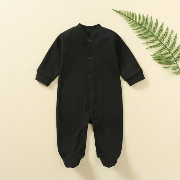 Toddler Jumpsuit - Long Sleeve Solid Color For Boys/Girls (Round Neck, Stretchy Cotton) Black 6 Months