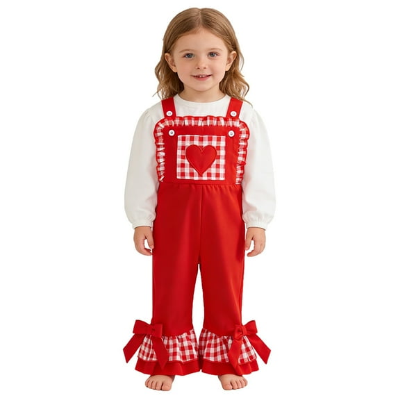 Toddler Jumpsuit Valentine's Day Girls Heart Embroidery Denim Romper with Flared Legs and Adjustable Straps Casual Outfit Red 3 Years-4 Years