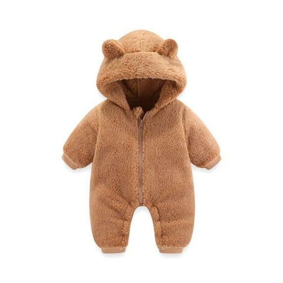 Toddler Jumpsuits Baby Boys Girls Snowsuit Winter Coat Solid Bear Warm Hooded Thick Romper Jumpsuit Outfits Coffee Homewear 3 Months-6 Months