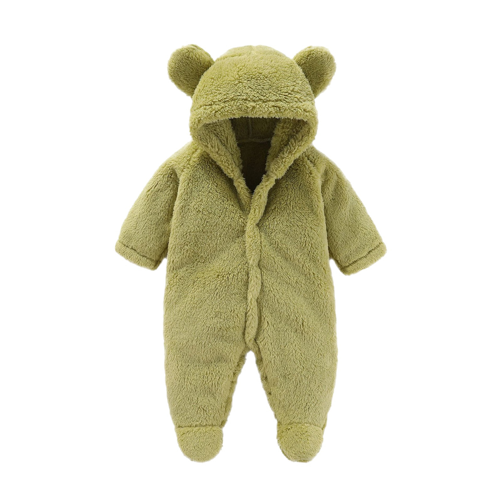 Toddler Jumpsuits For Boy Baby Footie Snowsuit Winter Onesie Cartoon Bear Warm Hooded Outfits For Girls Boys Green Comfortable Playwear 6 Months-9 Months