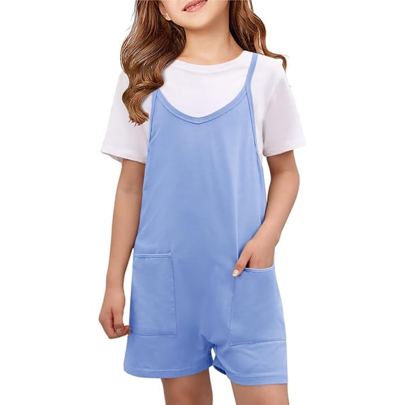 Toddler Jumpsuits Girls Summer Sleeveless Casual Romper Spaghetti Strap Shorts Jumpsuit With Pockets Light Blue Homewear 9 Years-10 Years