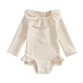 thumbnail image 1 of Toddler Khaki Girl Rash Guard Swimsuits Striped Ruffle Long Sleeve Sun Protection Summer Bathing Suits 2-3 Years, 1 of 4