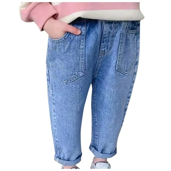 Toddler Khaki Pants Spring and Summer Cute Print Girls Pocket Elastic Waist Comfy Full Length Pants Jeans New Straight Jeans Blue 12T