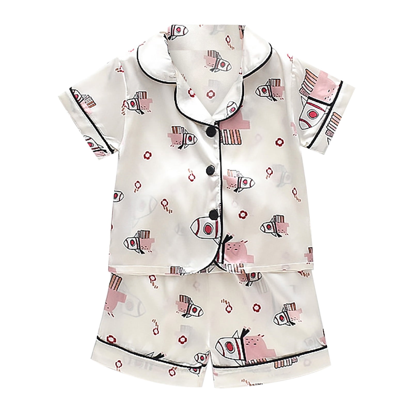 Toddler Kid Baby Boy Girl Satin Cartoon Button Down Short Sleeve Shirt