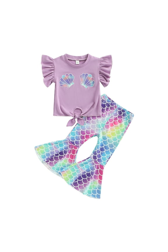 Toddler Kid Baby Girls Outfits Fly Sleeve Shell Crop Tops T-Shirt Mermaid Flared Pants Summer Birthday Clothes 1Y 2Y 3Y 4Y 5Y 6Y