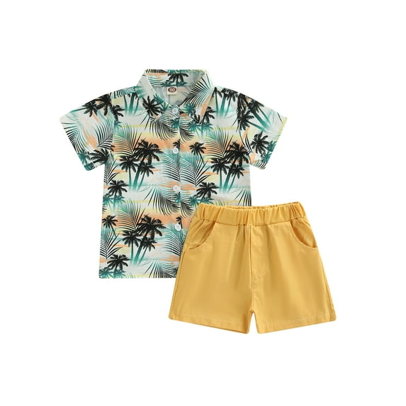 Toddler Kid Boys 2 Pcs Outfits Suits, Lapel Buttons Printed Short Sleeve Shirts with Solid Color Short Pants