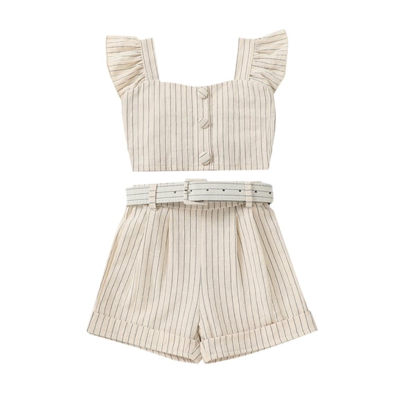 Toddler Kid Girl 2 Piece Summer Outfits Sleeveless Striped Ruffle Crop Tank Top and Belted Shorts Set (5 Years, Beige)