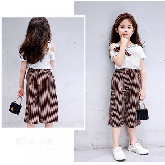 Toddler Kid Girl Clothes Bow Short Sleeve Top Off Shoulder Shirt High Waisted Shorts Baby Girl Summer Outfit 8-9 Years