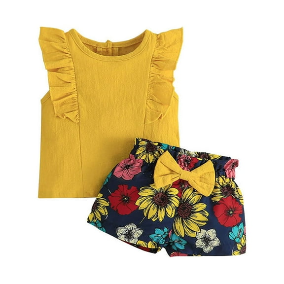 Girls Short Set Pajamas Girls Clothes Summer Outfits Ruffle Sleeve Tops and Paperbag Waist Shorts with Pockets Kids Clothing Set Cotton