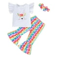thumbnail image 1 of Toddler Kid Girl Easter Clothes Set, Cartoon Bunny Print Fly Sleeve Tops + Rainbow/Printed Rabbits Flare Pant + Headband, 1 of 10