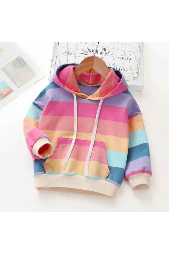 Toddler Kid Girl Rainbow Stripes Hooded Jacket Coat Tops Pullover Hoodie Outerwear Clothes