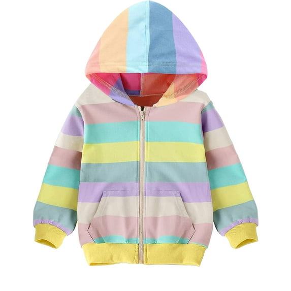 Toddler Kid Girl Rainbow Stripes Hooded Jacket Coat Tops Zip Hoodie Outerwear Clothes