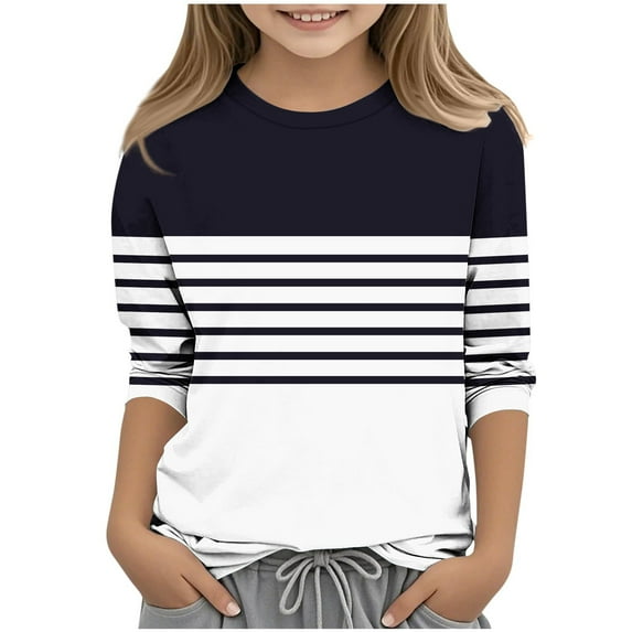 Toddler Kid Girl T-Shirts 3/4 Sleeve Tops Plaid Stripes Colorblock Crewneck 3-14 Years Girls Fall Spring Clothes (3 Years, Black A)