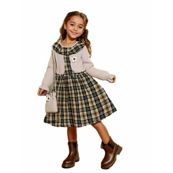 Toddler Kid Girls' Plaid Patchwork Fake Two-Piece 3D Flower Design Long Sleeve Dress and Bag Set 2pcs for Casual Spring Fall Outing Wear