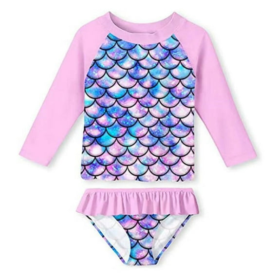 Toddler Kid Girls Swimsuit Rashguard Set Long Sleeve 2-Piece Bathing Suits Summer Beach Breathable Tankini with Sun Protection 2-8 Years
