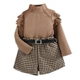 thumbnail image 1 of Toddler Kid Little Girls Ruffle Long Sleeve Turtleneck Tops Houndstooth Plaid Shorts with Belt 3Pcs Fall Winter Outfits Clothes, 1 of 9