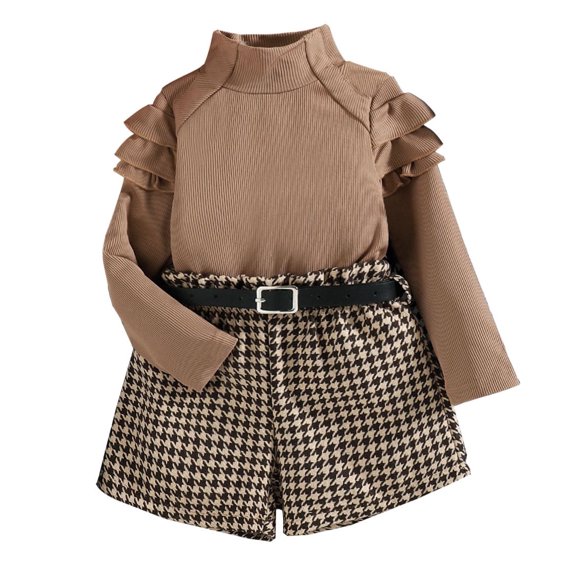 Toddler Kid Little Girls Ruffle Long Sleeve Turtleneck Tops Houndstooth Plaid Shorts with Belt 3Pcs Fall Winter Outfits Clothes
