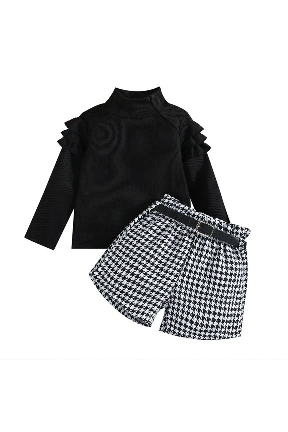 Toddler Kid Little Girls Ruffle Long Sleeve Turtleneck Tops Houndstooth Plaid Shorts with Belt 3Pcs Fall Winter Outfits Clothes