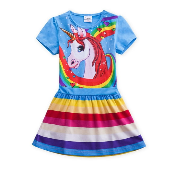Toddler Kid Little Girls Short Sleeve Cartoon Rainbow Unicorn Dress Casual Dress, Blue 7T