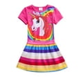 thumbnail image 1 of Toddler Kid Little Girls Short Sleeve Cartoon Rainbow Unicorn Dress Casual Dress, Rose Red 5T, 1 of 9