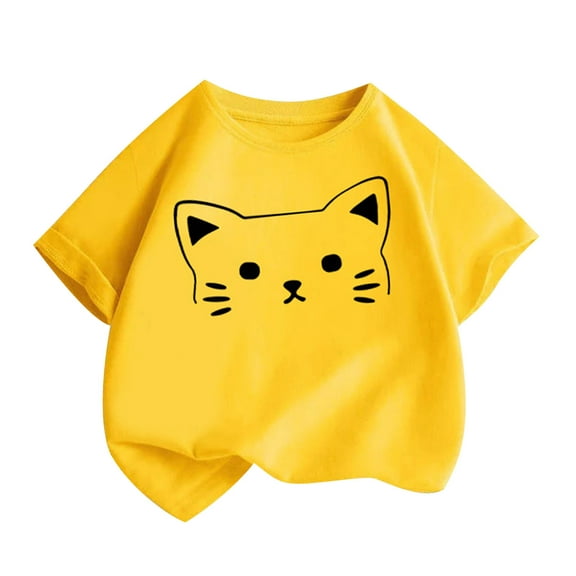 Toddler Kid Short Sleeve T-Shirts Soft Cotton Summer Tops Cat Print Cute Crew Neck Boy Girl Tees Loose Fit (12-13 Years, Yellow)