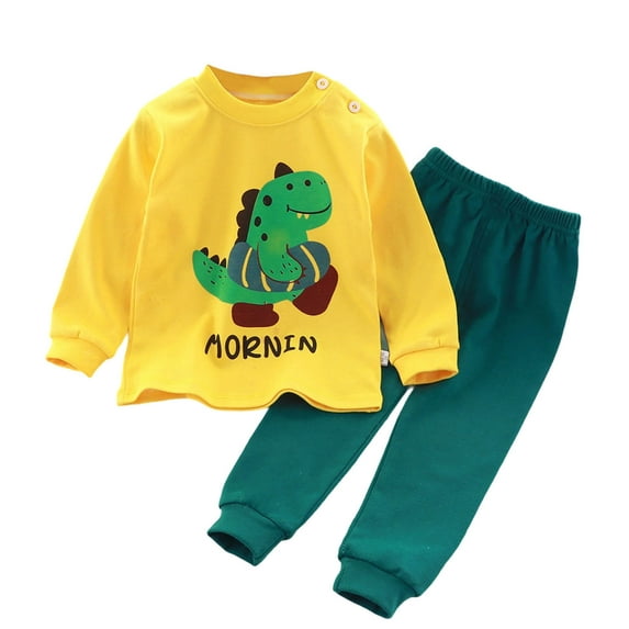 Toddler Kids 2 Piece Outfits Boys Girls Cartoon Animal Print Button Long Sleeve Top and Jogger Pant Sets Loungewear (1 Years, Yellow+Green)