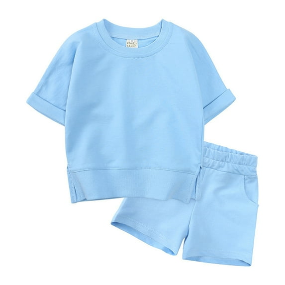 Toddler Kids Baby Boy Girl Solid Cotton Pullover Short Sleeve Sweatshirt T Shirt Crewneck Tops Shorts Set Spring Summer Clothes 6 Years