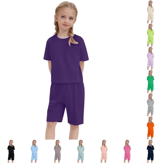 Toddler Kids Baby Boy Girl Solid Pullover Short Sleeve Sweatshirt T Shirt Crewneck Tops Shorts Set Clothes Girl Comfy Outfit Sets