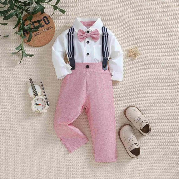Toddler Kids Baby Boys 1st Christmas Outfit Gentleman Shirt with Bowtie +Long Suspender Pants Overalls Clothes