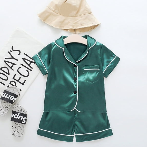 Toddler Kids Baby Boys Girl Solid Pajamas Sleepwear T shirt Shorts Clothes Set Green 2-3 Years