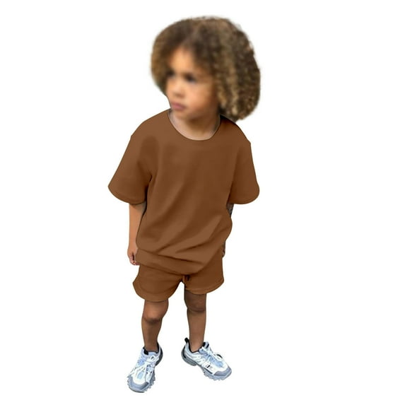 Toddler Kids Baby Boys Girls 2 Piece Tracksuit Summer Outfits Solid Short Sleeve T Shirt with Shorts Set,Brown,6-12 Months