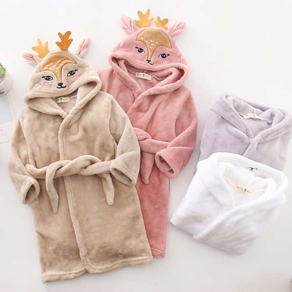 Toddler Kids Baby Boys Girls Cartoon Bathrobes Hooded Warm Flannel Night-Robe Sleepwear Cute Soft Pajamas Robe