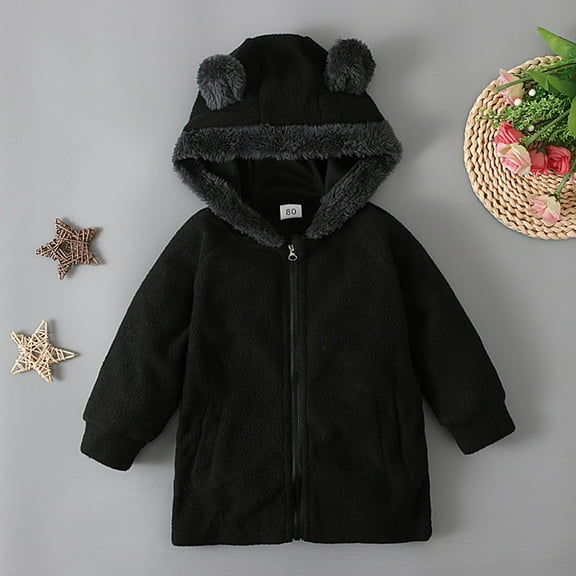 Toddler Kids Baby Boys Girls Fashion Cute Solid Color Keep Warm Zipper Bear Ear Hooded Jacket Coat