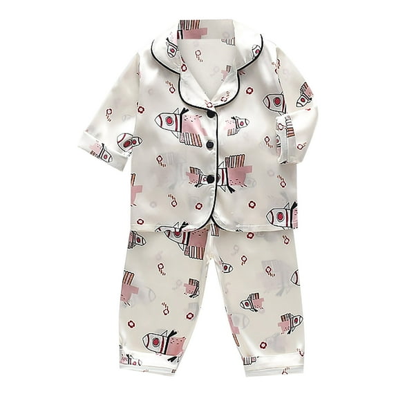 Toddler Kids Baby Boys Girls Satin Cartoon Button Down Shirt Tops + Long Pants Silk Pajamas Sleepwear Outfits Loungewear Set Size 1-2T