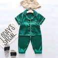 thumbnail image 1 of Toddler Kids Baby Boys Girls Satin Short Sleeve Button Down Shirt Tops + Long Pants Silk Pajamas Sleepwear Outfits Loungewear Set Green 6-12 Months, 1 of 2