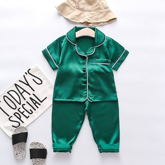 Toddler Kids Baby Boys Girls Satin Short Sleeve Button Down Shirt Tops + Long Pants Silk Pajamas Sleepwear Outfits Loungewear Set Green 6-12 Months