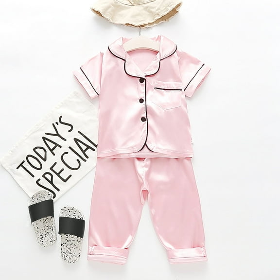 Toddler Kids Baby Boys Girls Satin Short Sleeve Button Down Shirt Tops   Long Pants Silk Pajamas Sleepwear Outfits Loungewear Set Pink 6-12 Months