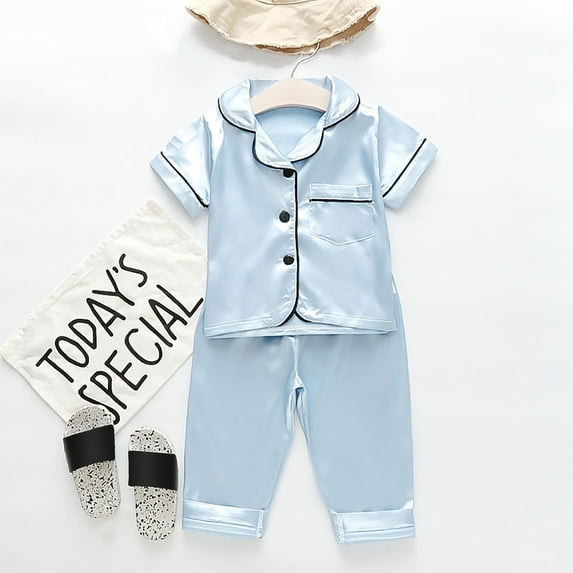 Toddler Kids Baby Boys Girls Satin Short Sleeve Button Down Shirt Tops + Long Pants Silk Pajamas Sleepwear Outfits Loungewear Set Light Blue 6-12 Months