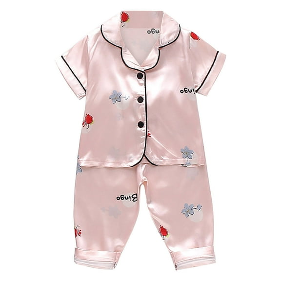 Toddler Kids Baby Boys Girls Satin Short Sleeve Cartoon Button Down Shirt Tops Long Pants Silk Pajamas Sleepwear Outfits Loungewear Set