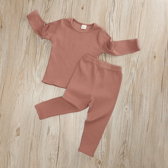 Toddler Kids Baby Boys Girls Solid Knit Tops Pants Pajamas Sleepwear Outfits Set 12-24 Months