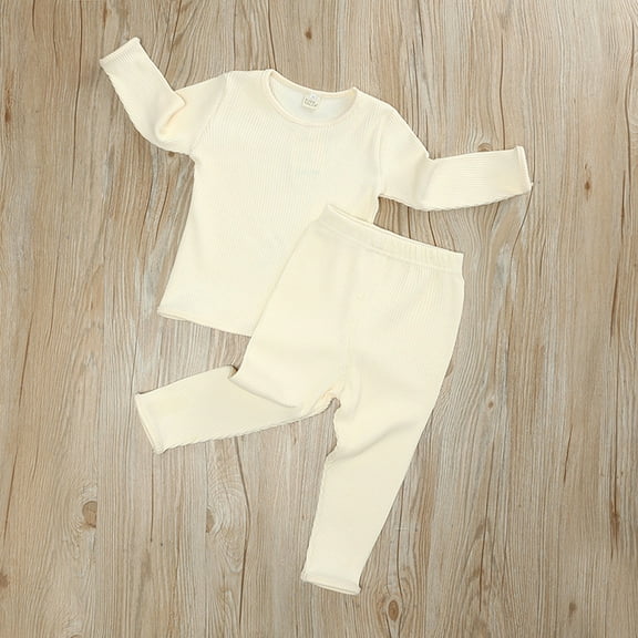 Toddler Kids Baby Boys Girls Solid Knit Tops Pants Pajamas Sleepwear Outfits Set Beige 3-4 Years