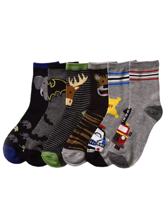 Toddler Kids Baby Boys Soft Computer Crew Socks, Mutli-Color Animal Cartoon Car, 06-8, 6 Pairs