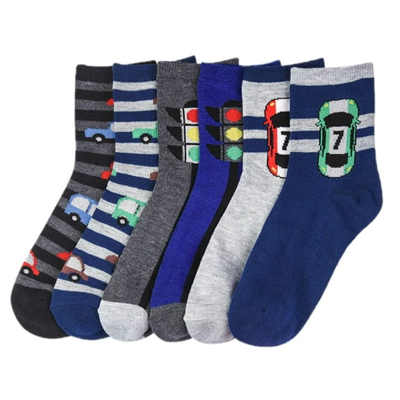 Toddler Kids Baby Boys Soft Computer Crew Socks, Traffic, Car, 00-12, 6 Pairs