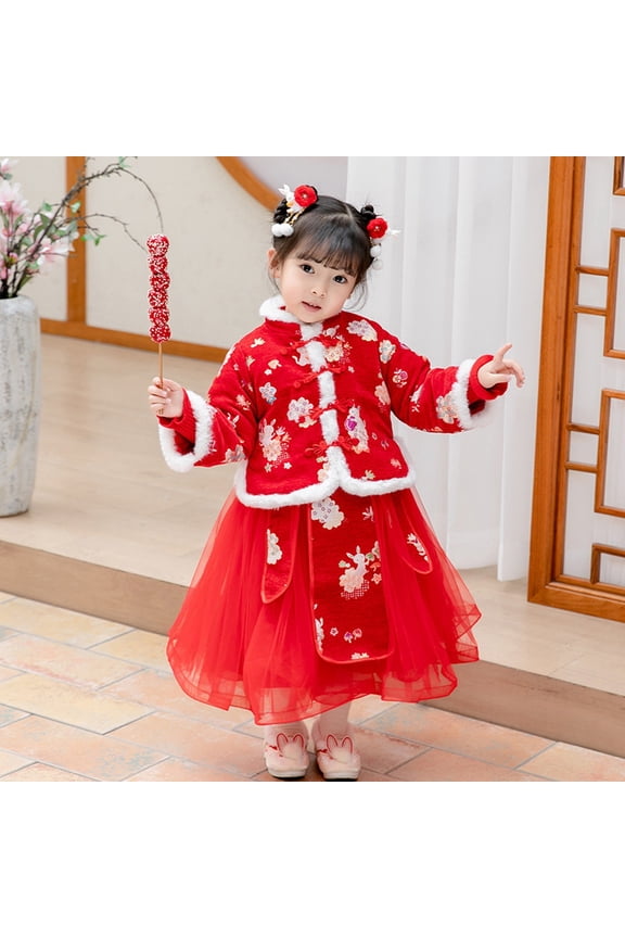 Toddler Kids Baby Children Fairy Hanfu Dresses for Chinese New Year Lined Warm Princess Dresses Embroidery Tang Suit with Bag Performance