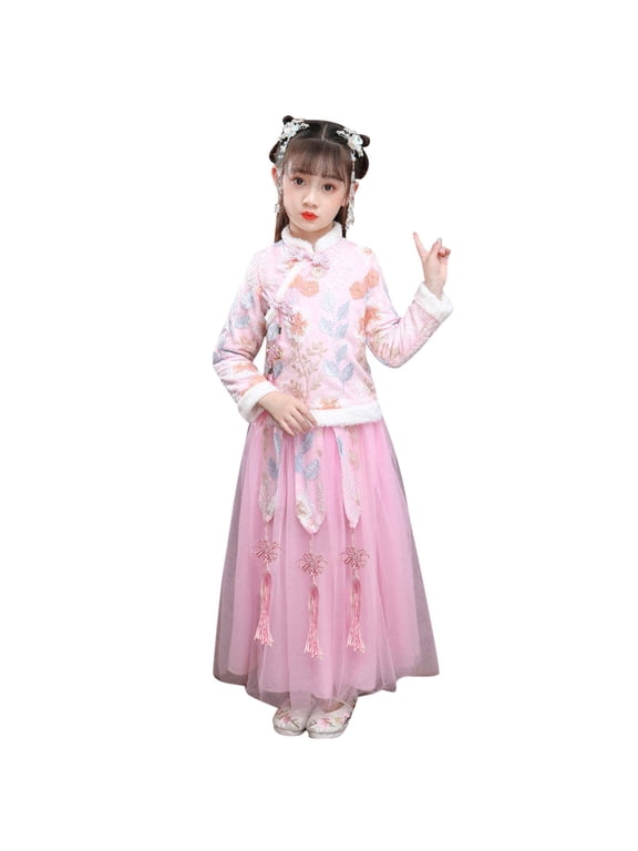 Toddler Kids Baby Children Fairy Hanfu Lined Warm Coat Jacket Tops For Chinese New Year Princess Tulle Skirts Embroidery Tang Suit Performance