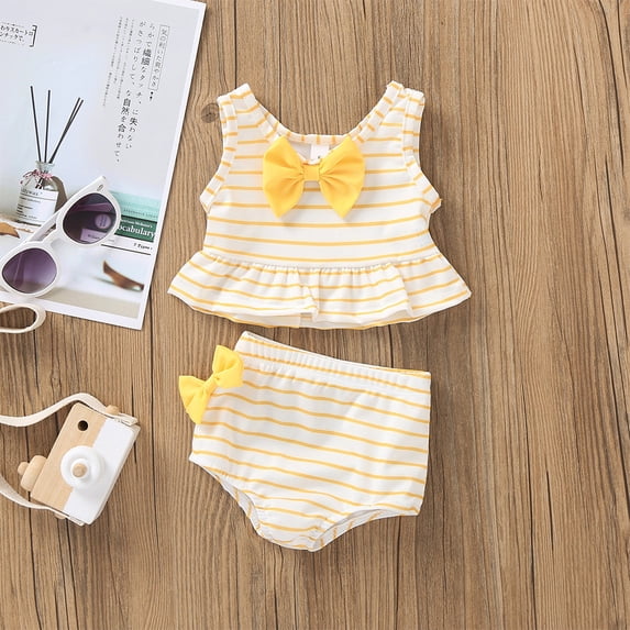Toddler Kids Baby Girl Bow Swimsuit Striped Bathing Suit Bikini 2pc Set Swimwear Baby Girls' Swimwear 2T