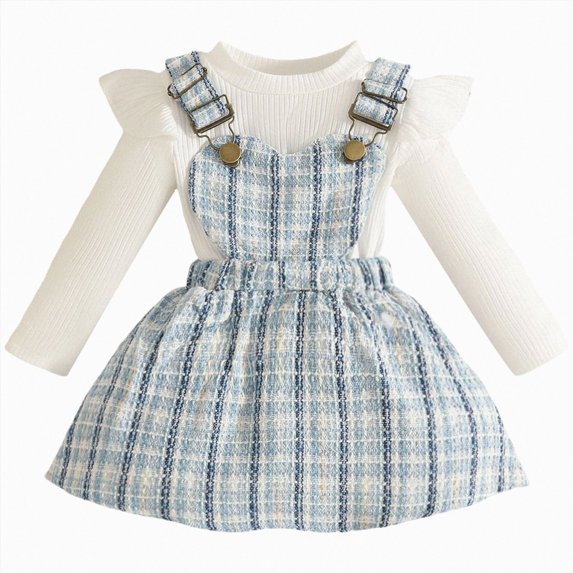 Toddler Kids Baby Girl Fall Winter Clothes Ruffle Long Sleeve Ribbed T Shirt Top Suspender Skirts 2Pcs Outfits 18-24 Months Light Blue