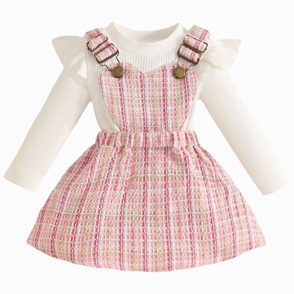 Toddler Kids Baby Girl Fall Winter Clothes Ruffle Long Sleeve Ribbed T Shirt Top Suspender Skirts 2Pcs Outfits 9-12 Months