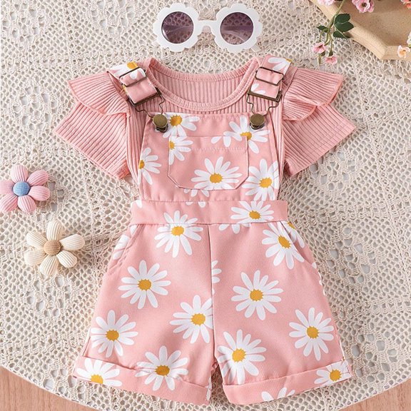 Toddler Kids Baby Girl Floral Overalls Shorts with Pocket Suspender Trousers Summer Clothing Outfits Pink B 2-3 Years