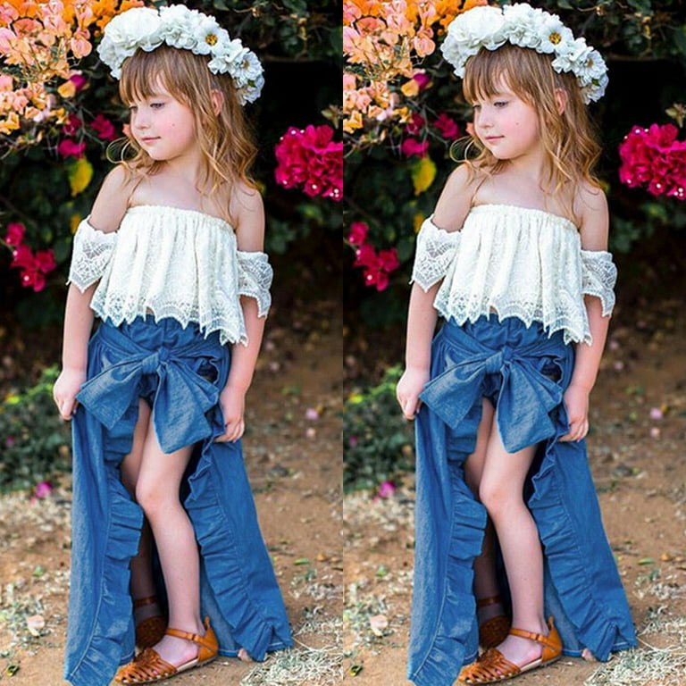 Toddler Kids Baby Girl Lace Off-shoulder T-shirt Tops Pants Dress Party  Clothes Outfit Blue 3-4 Years